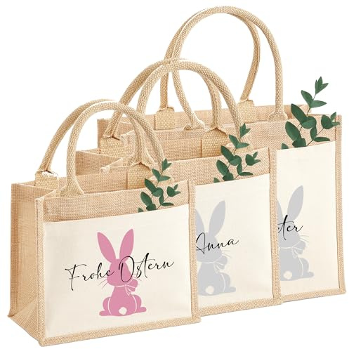 AMBERGER DESIGN by A&M Osterhage Jute-Tasche Osterhase Osterkorb Kinder mit Namen personalisiert Personalisierbar Geschenk-Familie-Kinder-Ostern beige Oster-Nest
