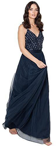 Maya Deluxe Maxi Abendkleid Damen Elegant für Hochzeit mit V-Ausschnitt Tüllkleid Damen mit Schleife Brautjungfernkleid