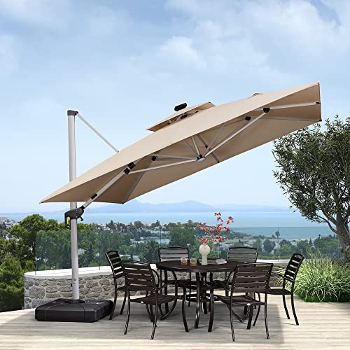 PURPLE LEAF Parasol Déporté 3,3 x 3,3 m avec LED, Parasol De Jardin Extérieur à Toit Double Rotatif 360°, Protection UV, Convient aux Villas Haut de Gamme, un Incontournable Pour les Fêtes, Beige