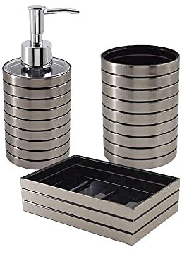 Vetrineinrete® Set Accessori Bagno 3 Pezzi argento a righe con Dispenser Sapone Bicchiere portaspazzolino piattino portasapone arredo bagni