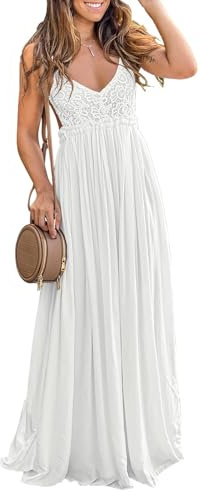 Ladmous Women's V Neck Floral Lace Wedding Dress Backless Bridesmaid Evening Party Maxi Dress White，S