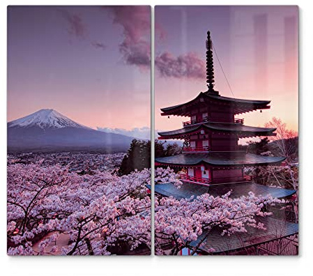 DEQORI Placas de cristal para cubrir vitrocerámica, juego de 2 unidades, 60 x 52 cm, diseño de flores de cerezo, templo de Japón, placas de vitrocerámica en la cocina, cubiertas de cocina