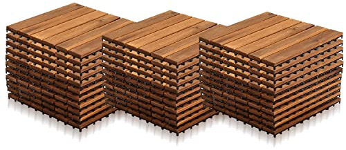 Vigevee Träplattor/balkonggolvbeläggning av akaciaträ, 30 x 30 cm, för terrassgolv utomhus, 33 stycken träplattor med klicksystem, balkongplattor för 3 m², för trädgård, terrass och balkong