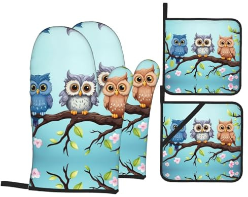 Lot de 4 maniques de cuisine motif hiboux sur une branche - Imperméables - Résistants à la chaleur - Pour griller, cuisiner, cuire