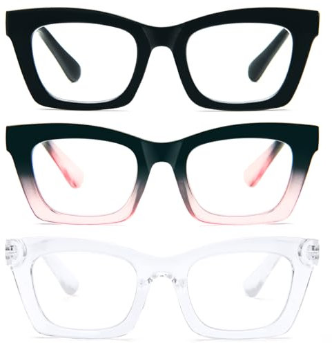 KoKoBin 3 packs lunettes de lecture anti-lumière bleue,Femmes Poids léger Branches a Ressort informatique Lunettes Loupe Lunettes de Vue carré (Noir Noir Rose Transparent, 2.00, Dioptres)