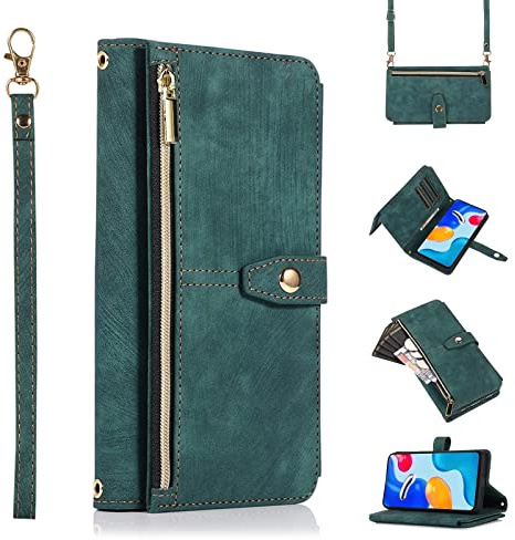 Jeelar ESONG Handyhülle für Xiaomi 13T/13T Pro Tasche,hulle mit Kartenfach,Schultergurt,Handgelenkschlaufe,Stoßfest Handytasche Magnetic Klapphülle Case,Flip PU Leder Brieftasche Schutzhülle,Grün