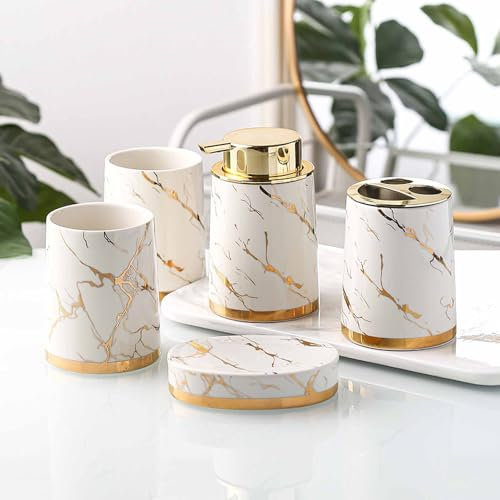 CLOUDEMO 5-teiliges Badezimmer-Zubehör-Set aus Keramik, Badezimmer-Seifen- und Zahnbürstenhalter-Set, inklusive Zahnbürstenhalter, Becher, Seifenschale, Seifenspender (White Gold)