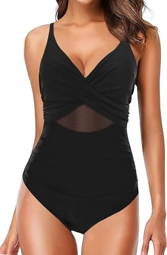 LA ORCHID Damen Badeanzug Cut Out sexy Bademode Swimsuit Push up figurformend Einteiler Schwimmanzug Damen Schlankheits Sommer Schwarz mit Oberbauch Mesh L
