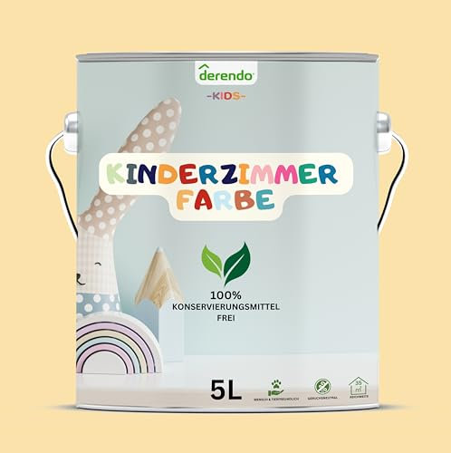 derendo Kinderzimmer Wandfarbe 5l – Umweltfreundlich, Geruchsneutral, Hohe Deckkraft, Schadstofffrei – Farbenfrohe Auswahl pastellfarben Farbe (Gelb - Bienengelb, 5 Liter)