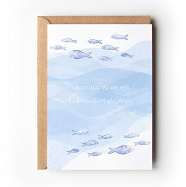 10 Einladungskarten Kommunion mit Umschlägen, moderne Einladungen Erstkommunion, minimalistische Einladungskarten Fische zum Ausfüllen Heilige Kommunion Jungen Mädchen (Einladung Kommunion Fische)