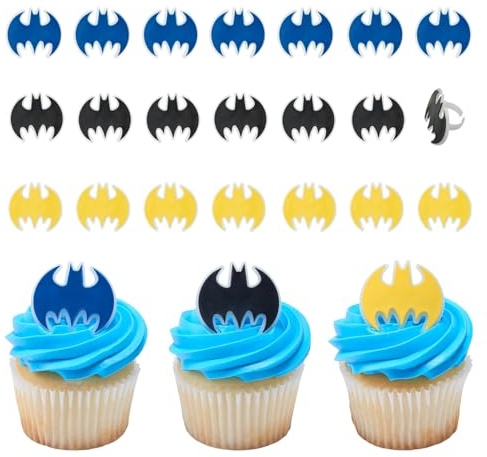 DecoPac Batman Dark Knight Rings, Glow In The Dark Batman Cupcake Decorations, Bat Signal Cake Toppers in Black, Yellow, Blue - 24 Pack