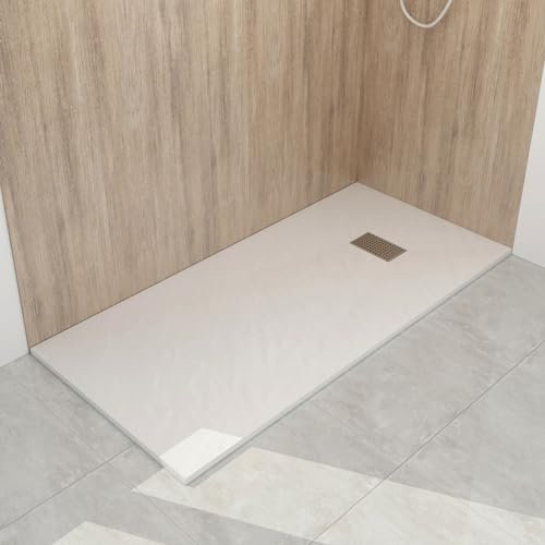 WITEN&NOCK Duschwanne 170x90 cm Weiß Steinoptik Antirutsch Duschtasse Höhe 3,2 cm Niedrige Schwelle Extraflach Brausetasse mit Ablaufgarnitur Ø 90 mm