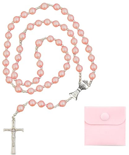 NATOSU Kommunion-Rosenkranz-Halskette, Perlen mit Samt-Geschenkbeutel, katholische Rosenkranzkette, Jesus-Kreuz-Gebetskette, christliche Rosenkranzkette