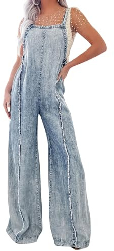 CHARTOU Women Loose Fit Denim Jumpsuit Adjustable Straps Wide Leg Long Pants Frayed Jean Overalls (Medium, Blue)