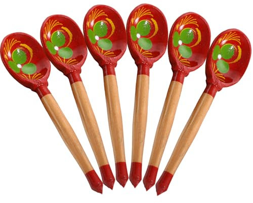Lot de 6 cuillères à café traditionnelles russes en bois Khokhloma - Motif peint à la main rouge et doré - Parfait pour la décoration de table et les accessoires de cuisine -