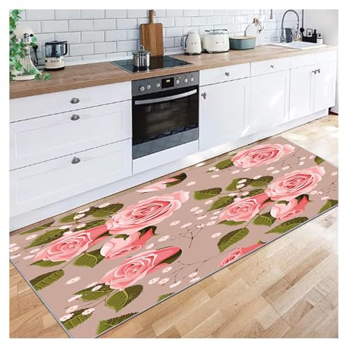 Siunwdiy Teppich Läufer Flur Küche Rosa Rosen-Muster 60x440cm Küchenläufer waschbar rutschfest,Flurläufer 3D Lange Teppichläufer küchenteppich für Korridor Schlafzimmer Wohnzimmer