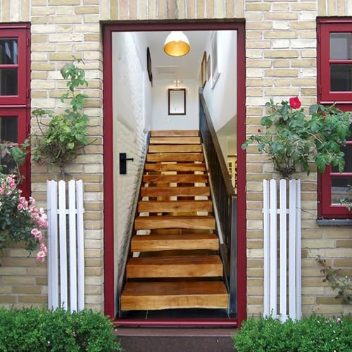 Türtapete Selbstklebend 77x200 cm Türfolie Selbstklebend Hölzerne Treppen Türaufkleber Türposter Holzstufen Türsticker Fototapete 3D Effekt für Schlafzimmer Wohnzimmer Küche 2153A