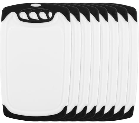 LDXDRU Juego de 8 tablas de desayuno de plástico, 25 x 15 cm, antideslizantes, sin BPA, aptas para lavavajillas, tabla de cortar pequeña con ranura para zumo, juego de tabla de cortar