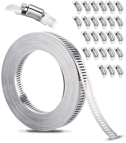 Xespis Abrazaderas Metalicas para Tubos, 10m Correa de Metal Perforada + 25 Piezas Sujetador, Abrazaderas de Acero Inoxidable 304, para Tuberías de Gas Domésticas, Tuberías de Agua, Tanques