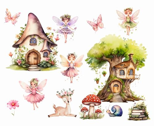 Wandtattoo Wandsticker Blume Fee Feen Blumen Schmetterling Elfen Rosa Wandtattoo Buntes Pflanze Selbstklebend Wandaufkleber Abnehmbar Wandkunst Aufkleber für Mädchen Kinder Kinderzimmer Schlafzimmer