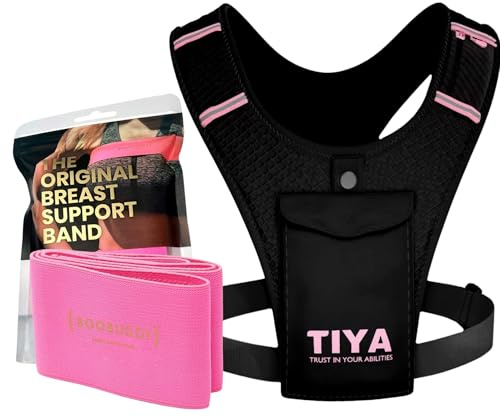 TIYA Women's Running Vest + Boobuddy Breast Support Band - Zero Bounce Runners Accessory Set - 100% Waterproof Phone Holder Pouch & High Impact Compression Chest Strap (Black/Pink), Small