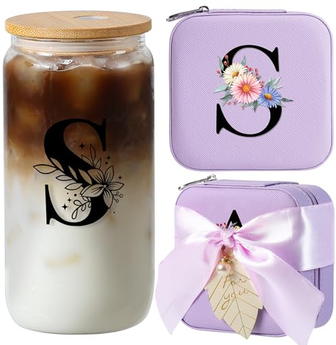 AYGXU Tasse en verre initiale avec couvercle en bambou, cadeaux personnalisés pour femme, tasses à café glacé, petite boîte à bijoux, boîte à bijoux de voyage, petite boîte à bijoux pour filles.