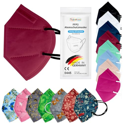 TubeRoo FFP2 Maske Bunt Farbig 20 Stück Set Masken Motiv Muster in Dunkelblau Blau Bordeaux Hellblau Pink Rot Grün Grau Weiß Schwarz, aus Deutschland, Made in Germany, Atemschutzmaske, Mundschutz