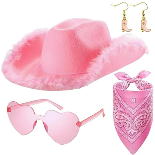 Jongyumo Cowboy Hut Damen Rosa, 4X Karnevals Cowgirl Hut für Damen, Damen Cowboyhut Filz Herz Gläser, Westernkleidung Rollenspiel Cosplay Party Halloween Karneval Kostüm Zubehör Mottoparty