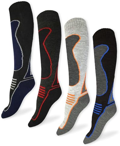 ThreadCo Mens Ski Socks - Long Mens Thermal Socks For Skiing, Snowboarding, Walking - Anti-Blister High Performance Winter Socks - 4 Pk - Dark Mix - Size UK 6-11