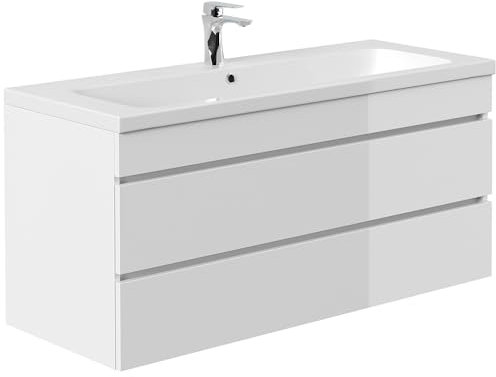 Lomadox Waschtisch 120 cm weiß Hochglanz mit 2 Schubladen