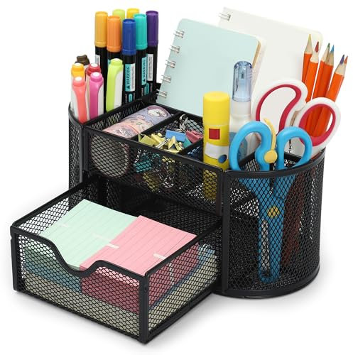 Chumix Schreibtisch Organizer, Büro Organizer mit Schublade und Stifthalter, Anti-Slip Mesh Metal Desk Organizer, Platzsparendes, para Hause, Schule, Büro (Schwarz)