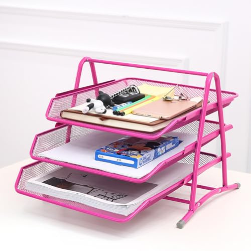 Briefablage aus Metallgeflecht, 3 Etagen, Schreibtisch-Ablage, Organizer, stapelbare Aufbewahrung, Organizer, Schreibtisch-Briefablage, Rosa