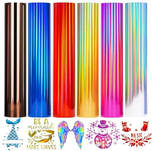Holografische Plotterfolie Textil Regenbogen Plotterfolie Textil 6 Farben Holografische Vinylfolie Plotter Folie Iron On für Cricut, Textilien Transferfolie zum Aufbügeln für DIY T-Shirt, Stoffe