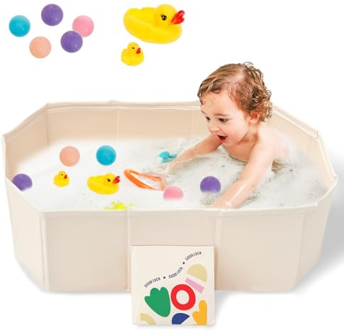 Baignoire Enfant Pliable, Baignoire Pliable BéBé avec Jouets 5 Balles et 2 Canards Bouchon de Vidange, Baignoire Bebe Pliable 30.7x17.7x9.8 Pouces pour Enfants 0 à 8 ans (Blanc tulipe)