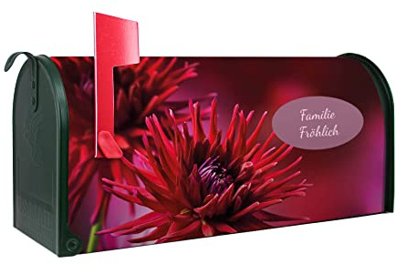 banjado® Amerikanischer Briefkasten - US Mailbox/Letterbox mit Motiv Rote Dahlien 51x22x17cm - Postkasten Stahl aus Amerika – Briefkasten amerikanisch grün pulverbeschichtet