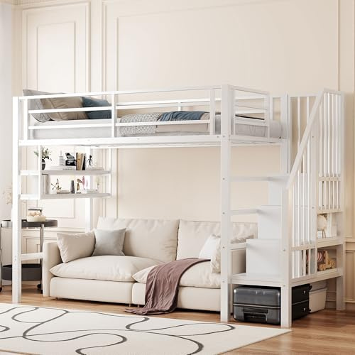 NovaFurnish Hochbett, 90x200cm, Einlegeböden, Stauraumleiter, Freiraum unter dem Bett zum Verkleiden, Geländer, ohne Matratze, Weiß