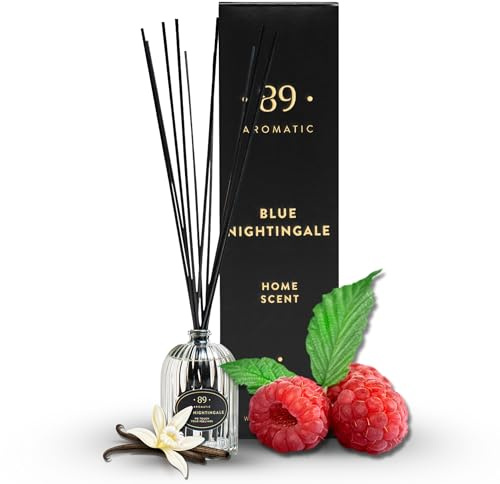 Aromatic •89 • Rumdoft diffuser med 7 doftpinnar – lyxiga rumdofter med hallon, vanilj och kashmirträ, rumsfräschare och rum doft vardagsrum, kontor och lägenhet, badrum doft luftrenare