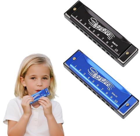 Caldamn 2 Pcs Harmonicas for Adults & Kids, 10 Hole, 20 Tone, Harmonica C, Blues Harmonica, Perfect for Beginners, Black/Blue