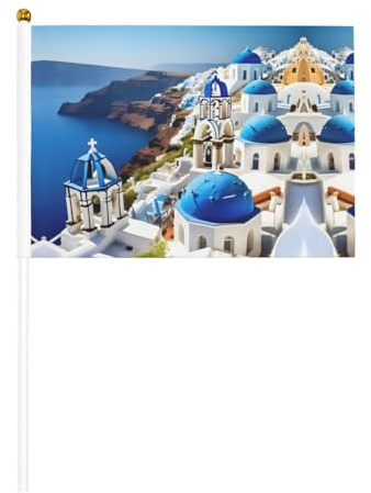 Bandiera a manovella a doppia faccia con vista sul mare dell'isola greca 14 x 20,8 cm, utilizzata per la decorazione di feste di festa, concorsi