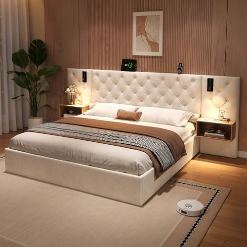 5ft King Size Upholstered Ottoman Bed With Storage & Wide Headboard & Bedside Tables, Hydraulic Storage Bed with Directional Lamp&Charging Station, Velvet Gas Lift Up Functional Beds With Slats,Beige
