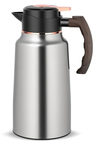 Voency 2L Thermal Coffee Jug,Double Wall Vacuum Insulated Thermo Jug Insulated Teapot with Press Button Top, Warm & Cold Retention Stainless Steel Vacuum Thermal Pot for Tea, Water, Drink-Sliver