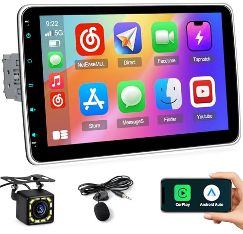 Inefala 1 Din Radio con Pantalla Giratoria 10 Pulgadas Wireless Carplay Android Auto, Autoradio Bluetooth 1 DIN con Reproducción Vídeo Línea Salida de Vídeo Mirror Link FM Radio USB Cámara Trasera Mic