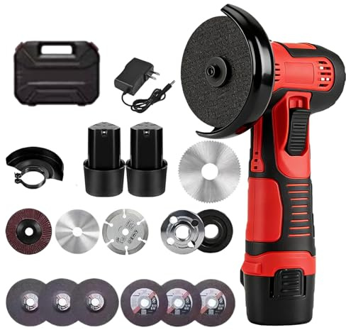 Akku Winkelschleifer, 12V Mini Winkelschleifer mit 2x2000mAh Akkus 18000 PRM, Professional Mini Akku Winkelschleifer Set mit 7 Trennscheiben 75MM zum Schneiden, Polieren und Schärfen