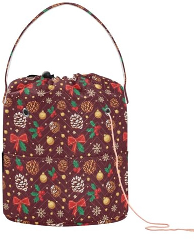 GuoChe Weihnachtliche Tasche mit Tannenzapfen, Schleifen, Stechpalme, Häkelgarn, Aufbewahrungstasche mit Löchern, Aufbewahrungstasche für Häkeln, Bastel-Organizer