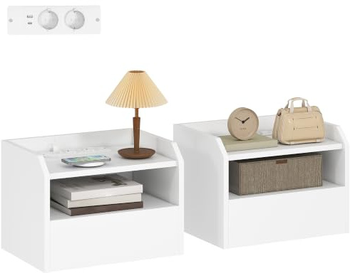 HOMCOM Juego de 2 Mesitas de Noche Flotantes con Carga 40x29x29 cm Blanco | Mesillas de Noche Dormitorio, Cajón, Estante Abierto, Montado en la Pared, Estilo Moderno, para Sala de Estar