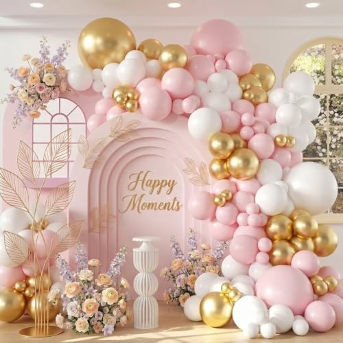 Kit Arco Palloncini Rosa Oro Bianchi, 113pcs Oro Pastello Rosa Bianchi Ghirlanda Arco Palloncini Compleanno Elio per Baby Shower Decorazioni Compleanno Matrimoni Anniversari Gender Reveal Fidanzamento