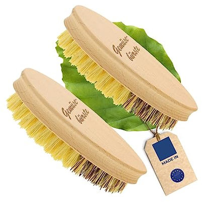 HOFMEISTER® Lot de 2 brosses à légumes 13,5 cm, poils naturels de qualité supérieure en 2 degrés de dureté : véritable Union et fibre, pour pommes de terre, carottes et légumes, brosse à racines en