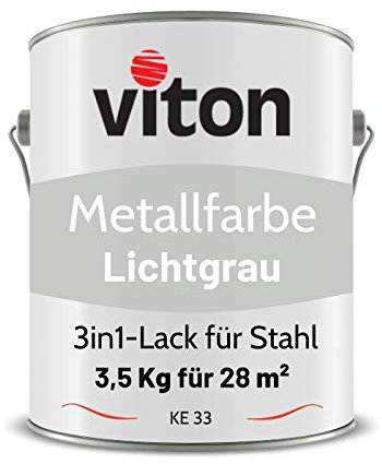 Viton Metallfarbe in Grau - 3,5 Kg Metall-Schutzlack Seidenmatt - Dauerhafter Schutz & hohe Beständigkeit - 3in1 Grundierung & Deckfarbe - Metalllack direkt auf Rost - KE31 - RAL 7035 Lichtgrau
