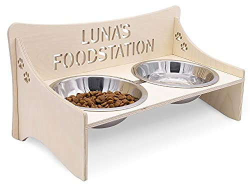 Futterbar für Hunde und Katzen – Personalisierbar – aus Holz – Schwarz, Grau, Natur – Groß und Klein – Futternapf aus Metall (Groß, Natur)