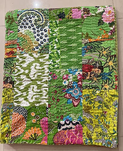 Multi Floral sortierte Baumwolle Patchwork Kantha Quilt Home Dekorative handgemachte Patch Gesteppt King Size Bohemian Bettwäsche Überwurf Decke Vintage Quilt (grün, 228 x 274 cm)